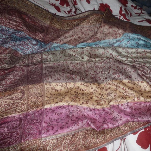 PASHMINA 100% Cashmere Burgundy /Multicolored Neck Scarf with Fringe - Picture 5 of 9